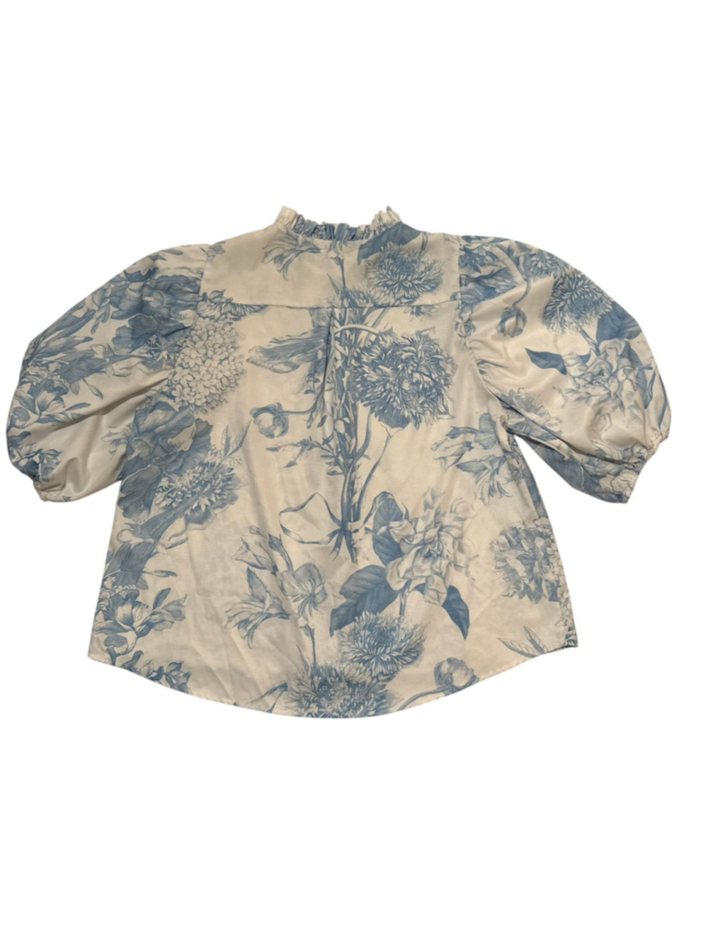 AVE Linen Floral Blouse Womens XL Ruffle Collar Covered Buttons Balloon Sleeves - Picture 4 of 17